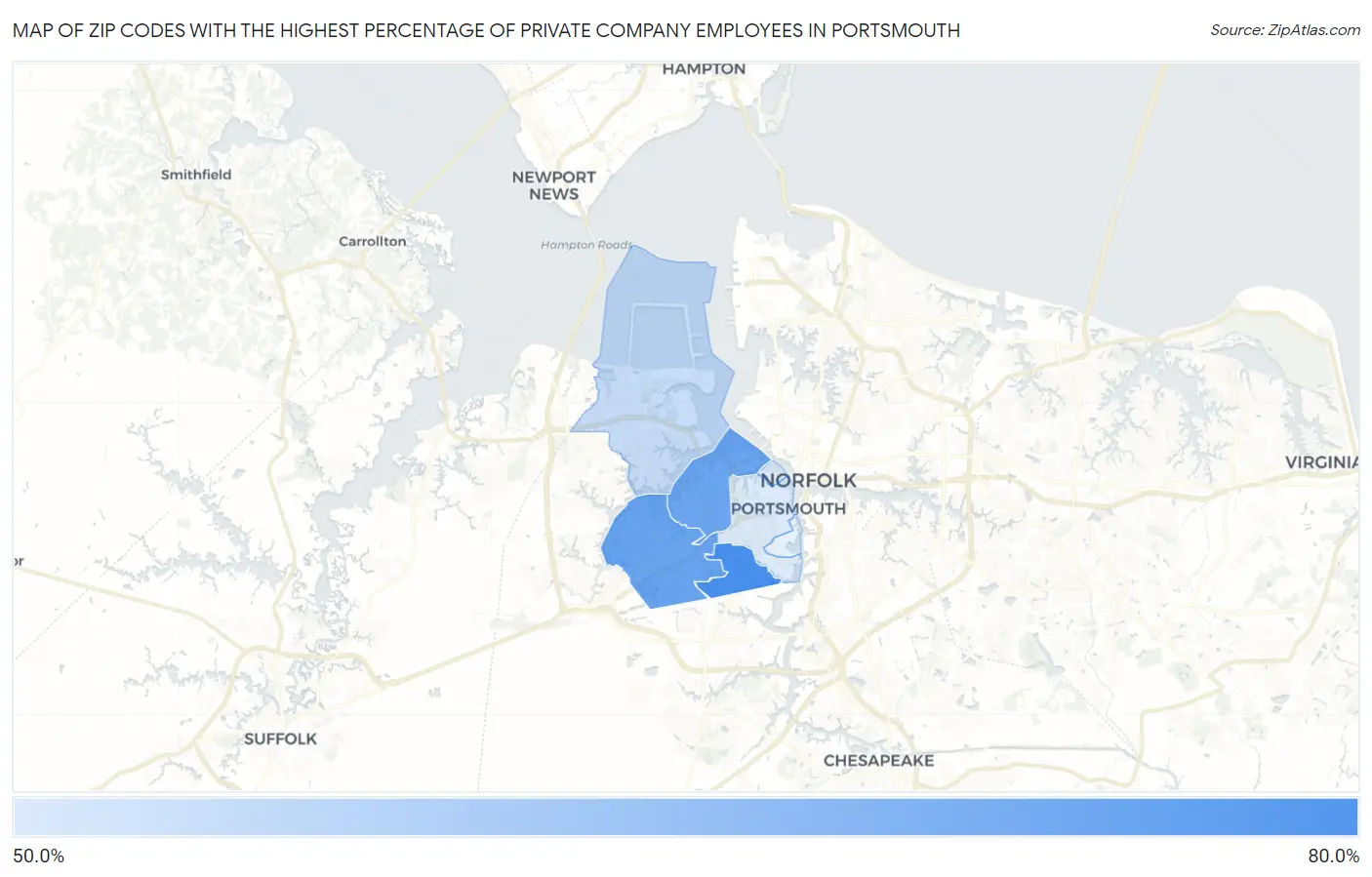 Zip Codes with the Highest Percentage of Private Company Employees in Portsmouth Map