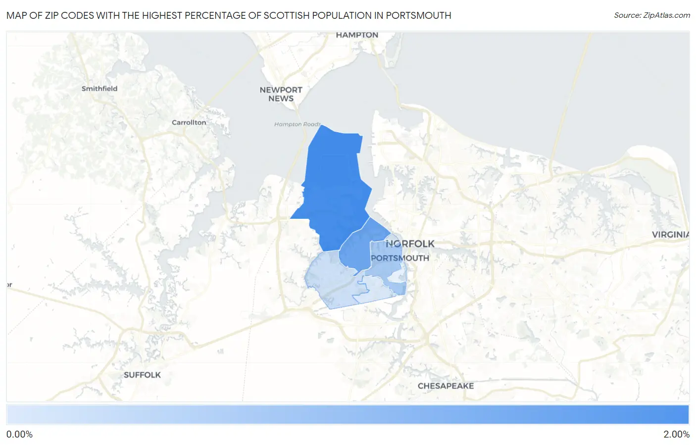 Zip Codes with the Highest Percentage of Scottish Population in Portsmouth Map