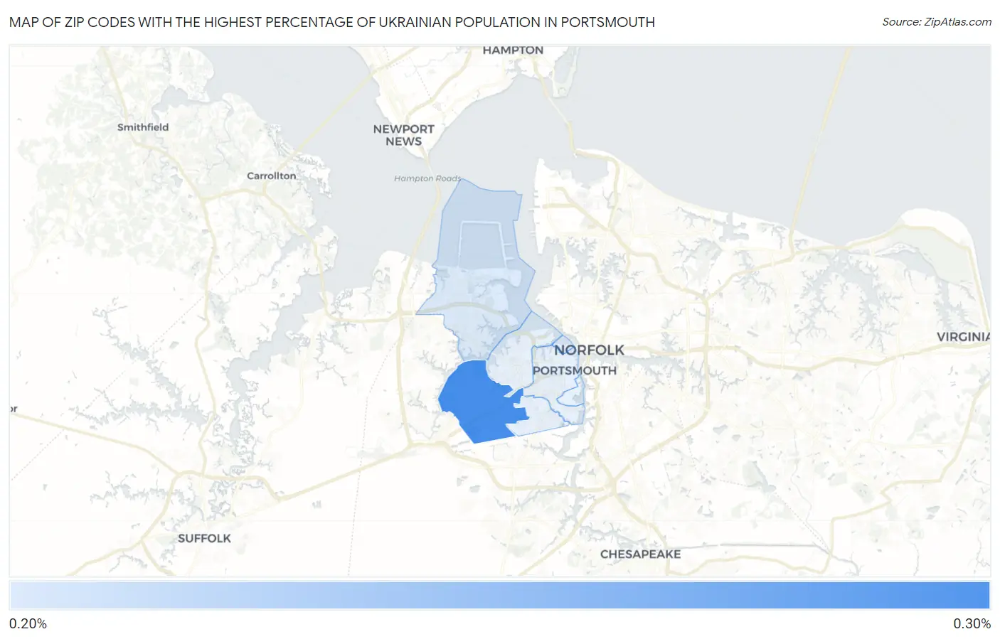Zip Codes with the Highest Percentage of Ukrainian Population in Portsmouth Map