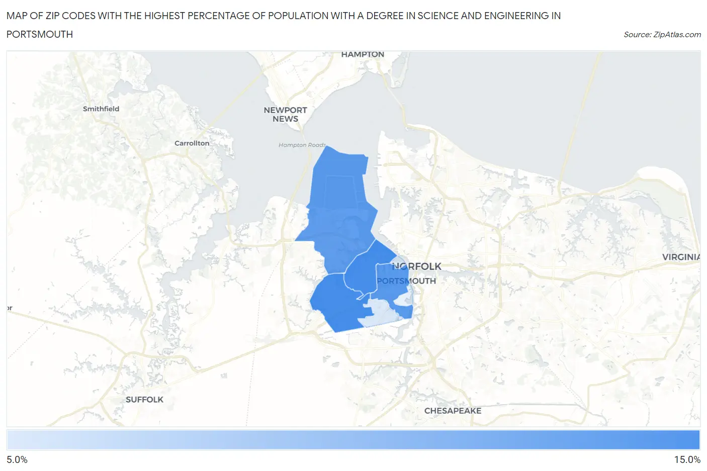 Zip Codes with the Highest Percentage of Population with a Degree in Science and Engineering in Portsmouth Map