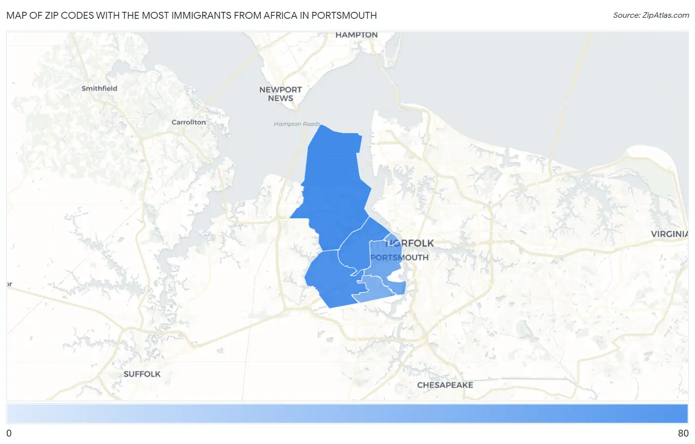 Zip Codes with the Most Immigrants from Africa in Portsmouth Map