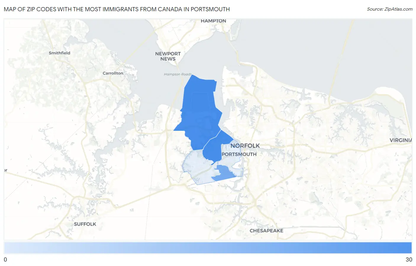Zip Codes with the Most Immigrants from Canada in Portsmouth Map
