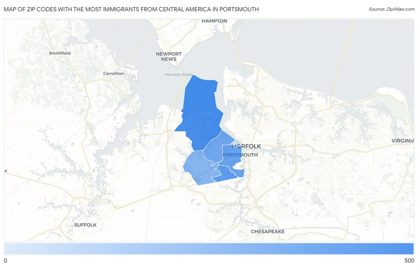 Zip Codes with the Most Immigrants from Central America in Portsmouth Map