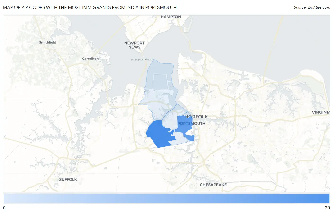 Zip Codes with the Most Immigrants from India in Portsmouth Map