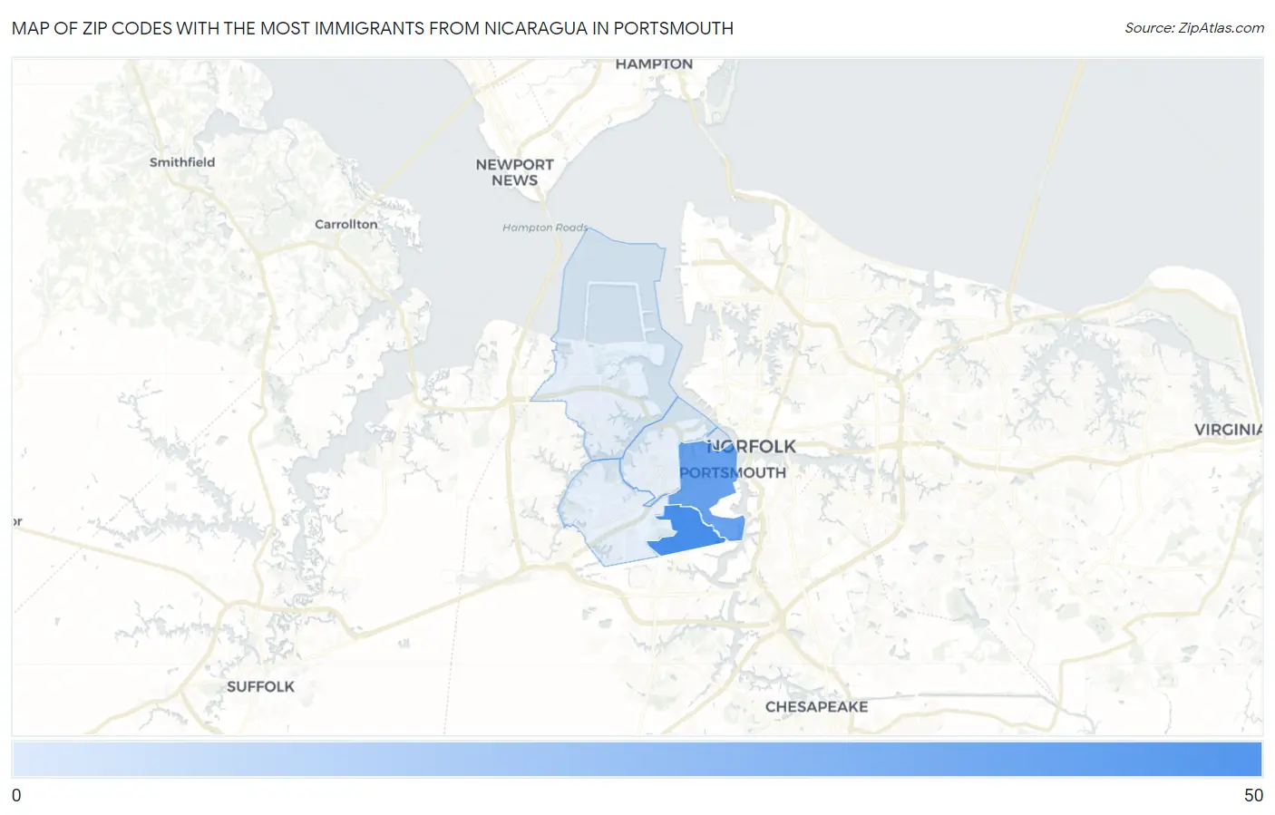 Zip Codes with the Most Immigrants from Nicaragua in Portsmouth Map