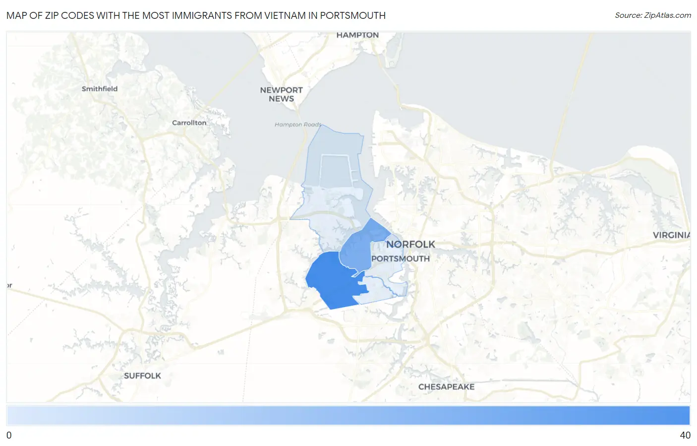 Zip Codes with the Most Immigrants from Vietnam in Portsmouth Map