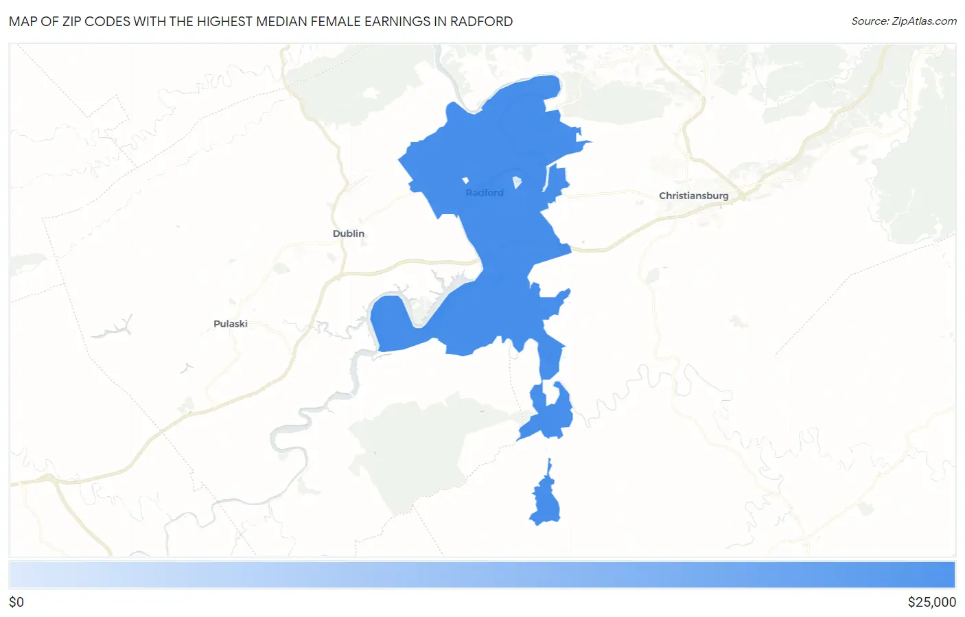 Zip Codes with the Highest Median Female Earnings in Radford Map