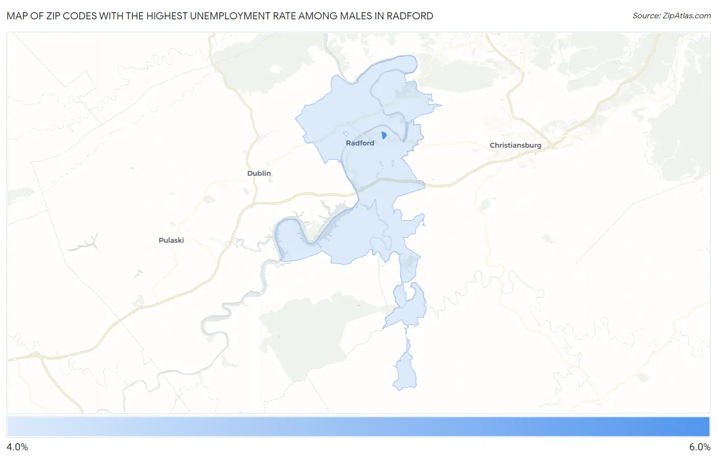 Zip Codes with the Highest Unemployment Rate Among Males in Radford Map