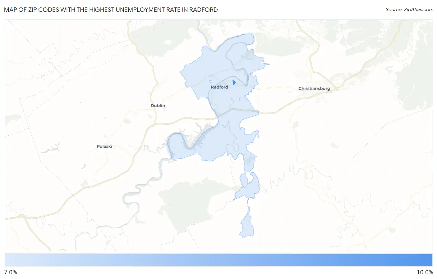 Zip Codes with the Highest Unemployment Rate in Radford Map