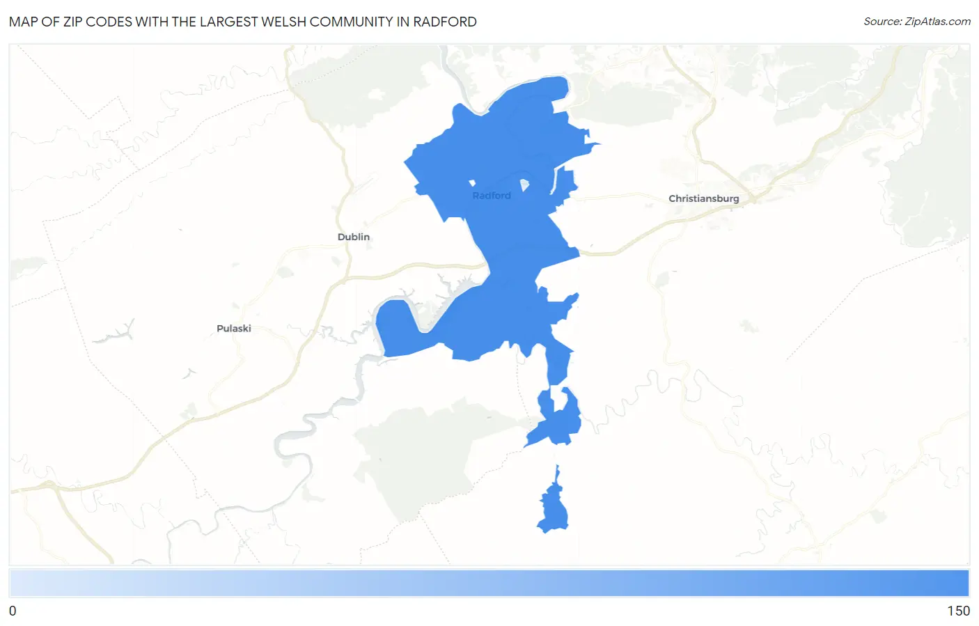 Zip Codes with the Largest Welsh Community in Radford Map