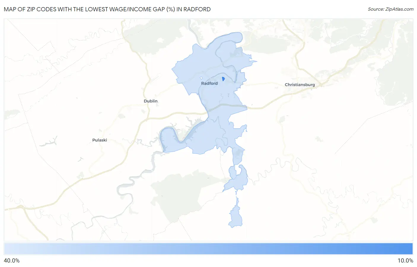 Zip Codes with the Lowest Wage/Income Gap (%) in Radford Map