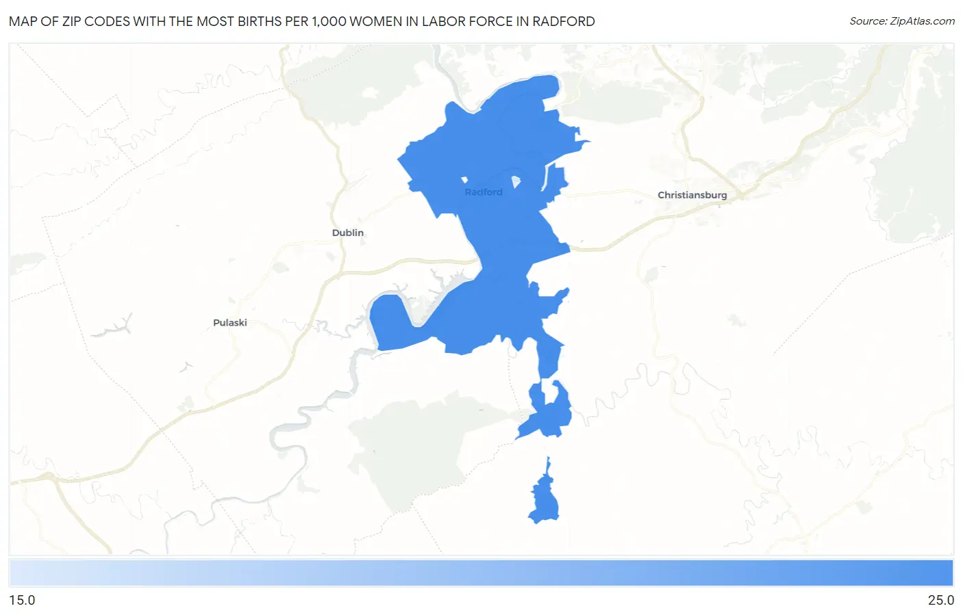 Zip Codes with the Most Births per 1,000 Women in Labor Force in Radford Map
