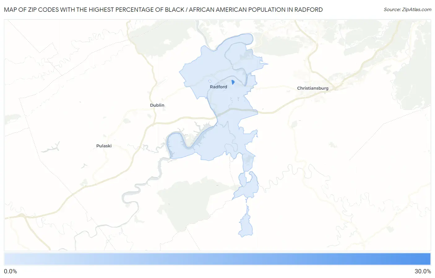 Zip Codes with the Highest Percentage of Black / African American Population in Radford Map