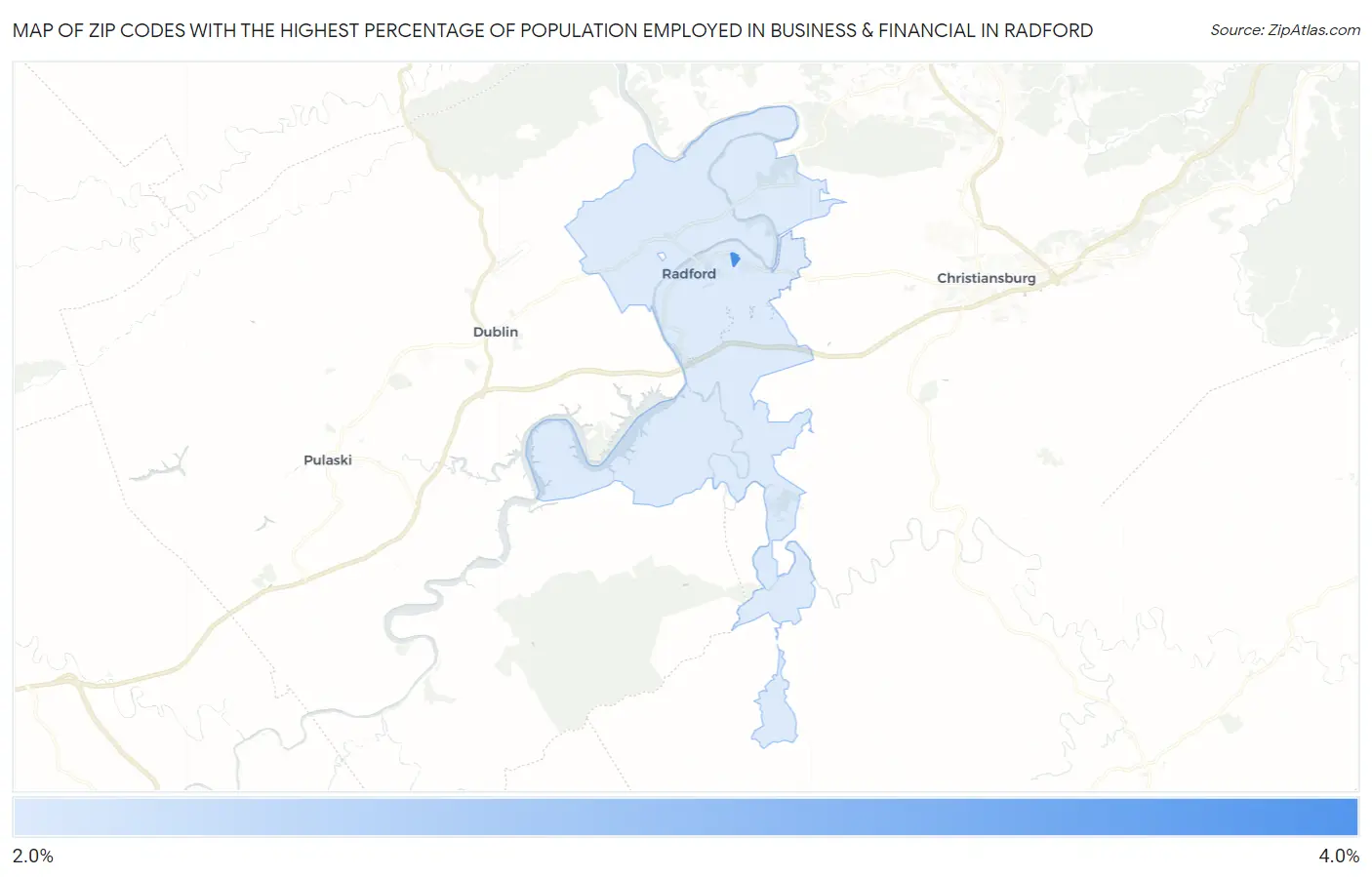 Zip Codes with the Highest Percentage of Population Employed in Business & Financial in Radford Map