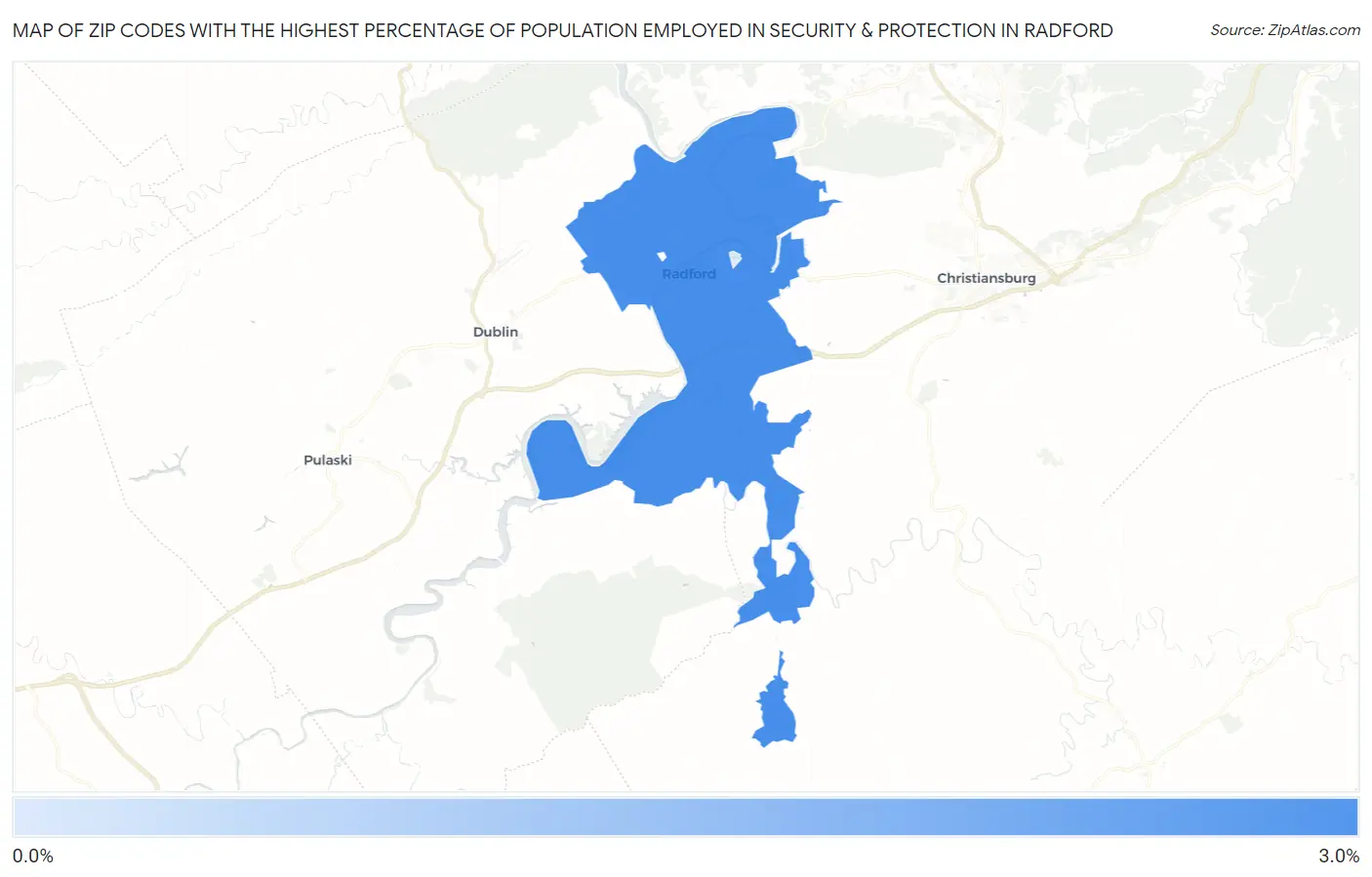 Zip Codes with the Highest Percentage of Population Employed in Security & Protection in Radford Map