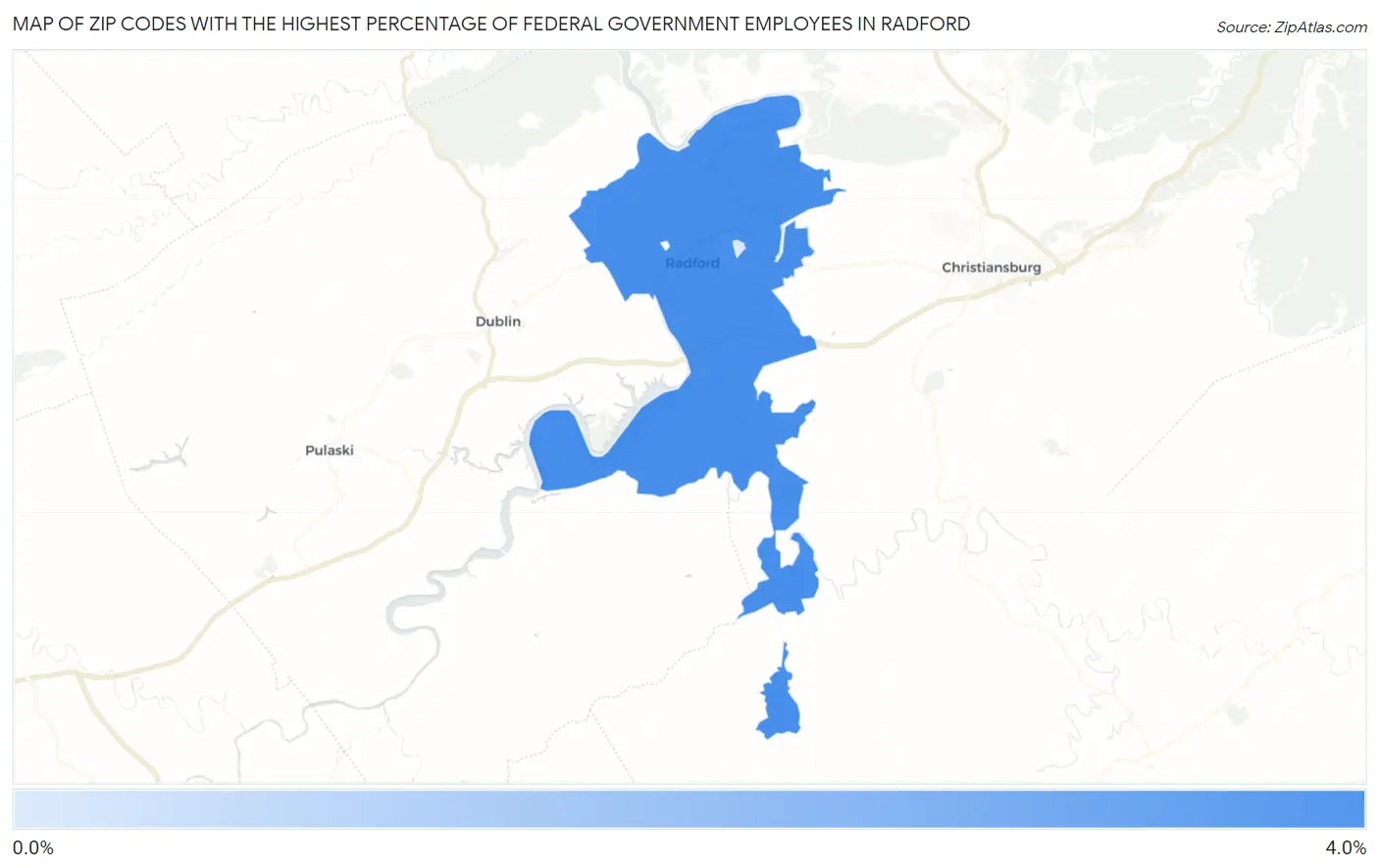 Zip Codes with the Highest Percentage of Federal Government Employees in Radford Map