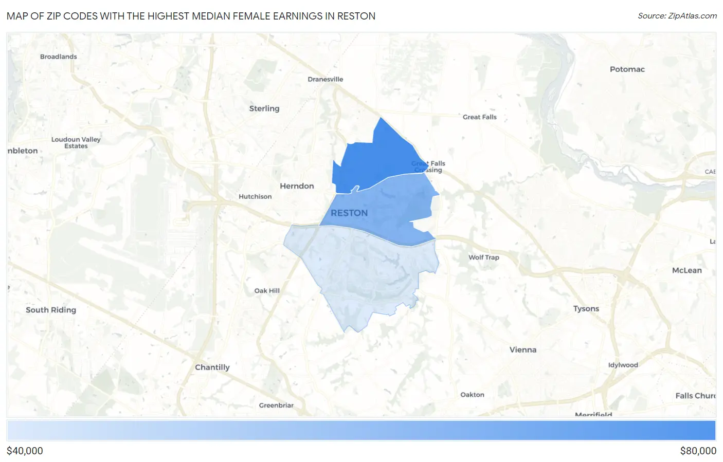 Zip Codes with the Highest Median Female Earnings in Reston Map