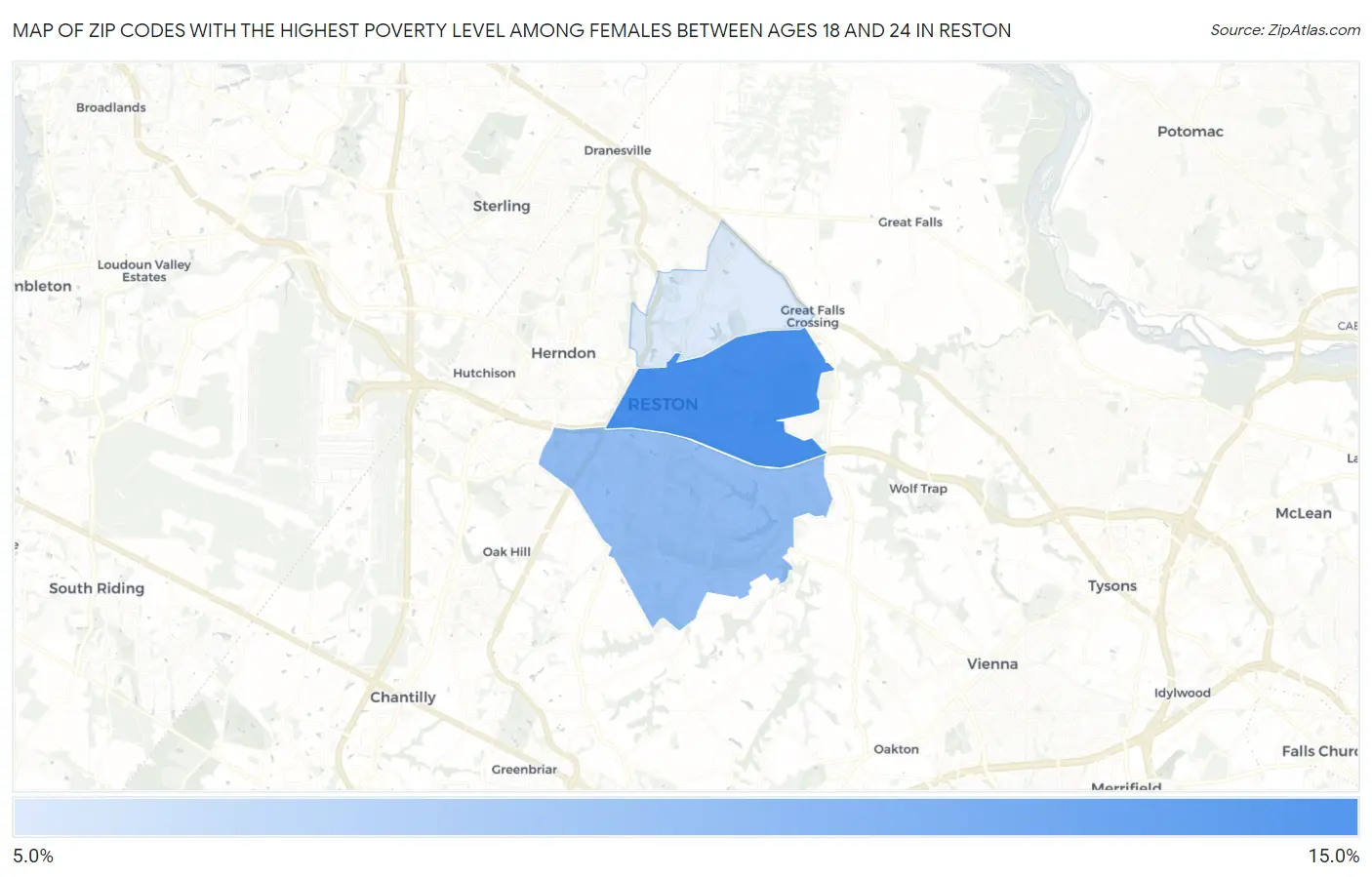 Zip Codes with the Highest Poverty Level Among Females Between Ages 18 and 24 in Reston Map
