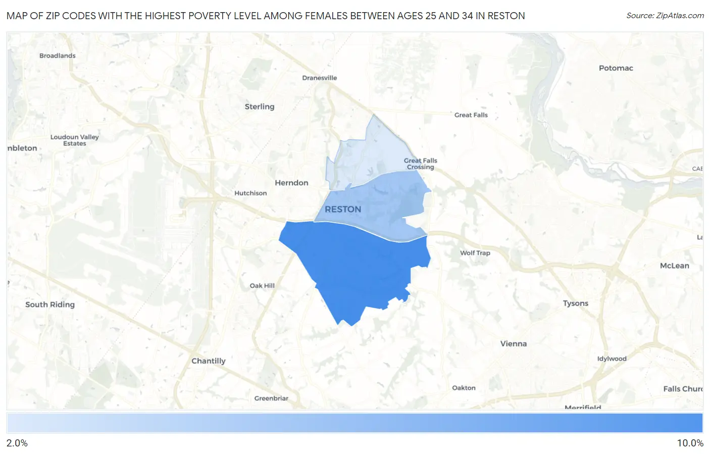 Zip Codes with the Highest Poverty Level Among Females Between Ages 25 and 34 in Reston Map