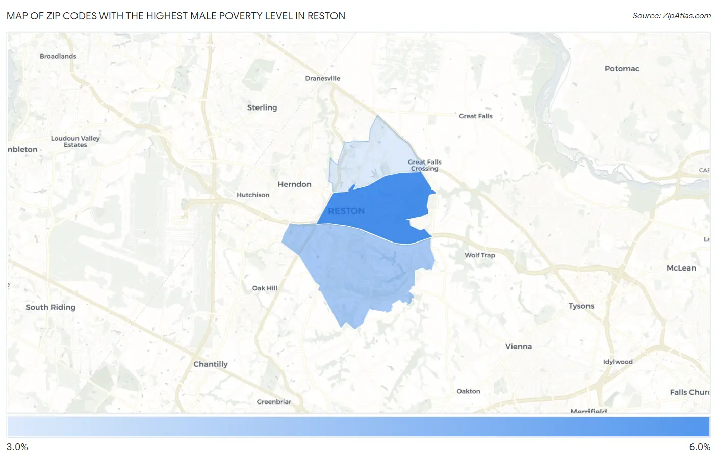 Zip Codes with the Highest Male Poverty Level in Reston Map