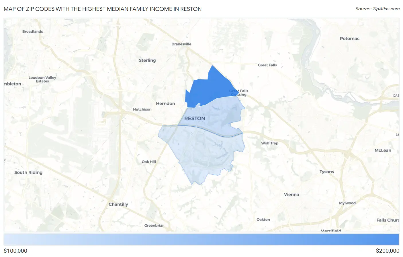Zip Codes with the Highest Median Family Income in Reston Map