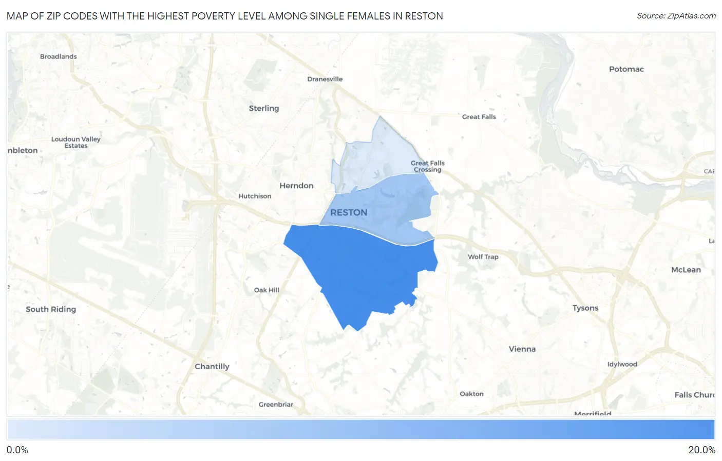 Zip Codes with the Highest Poverty Level Among Single Females in Reston Map