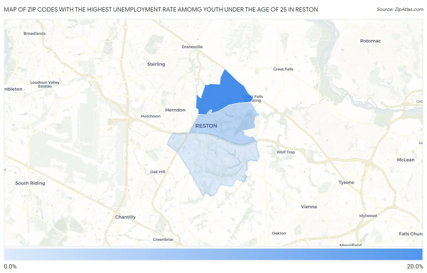 Zip Codes with the Highest Unemployment Rate Amomg Youth Under the Age of 25 in Reston Map