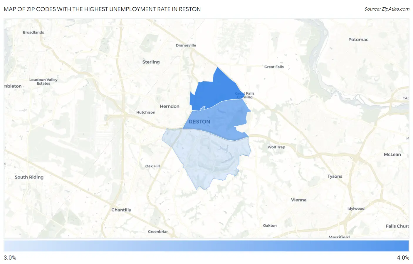 Zip Codes with the Highest Unemployment Rate in Reston Map