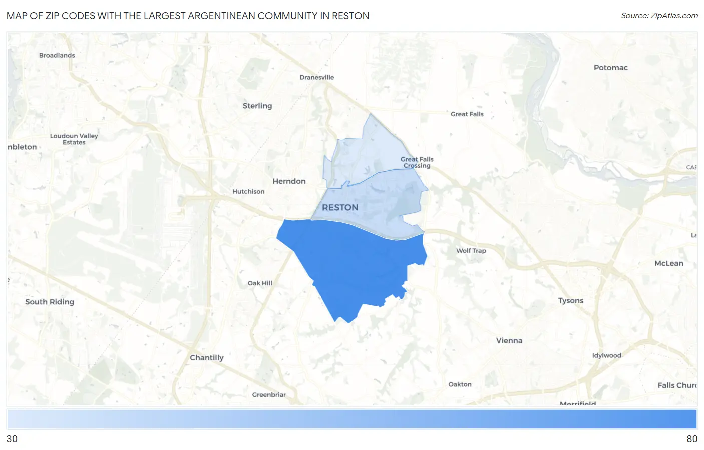 Zip Codes with the Largest Argentinean Community in Reston Map