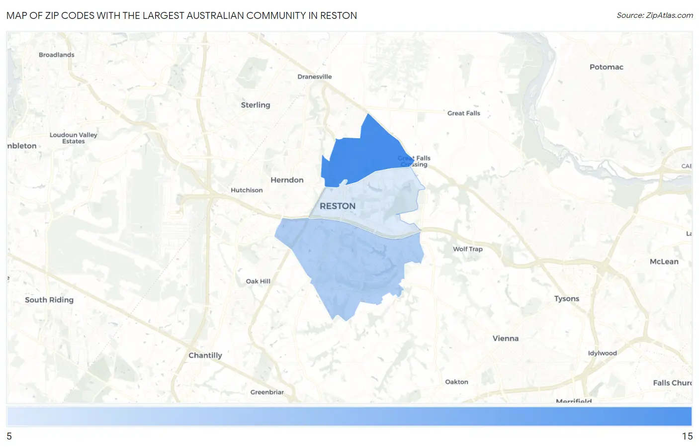 Zip Codes with the Largest Australian Community in Reston Map