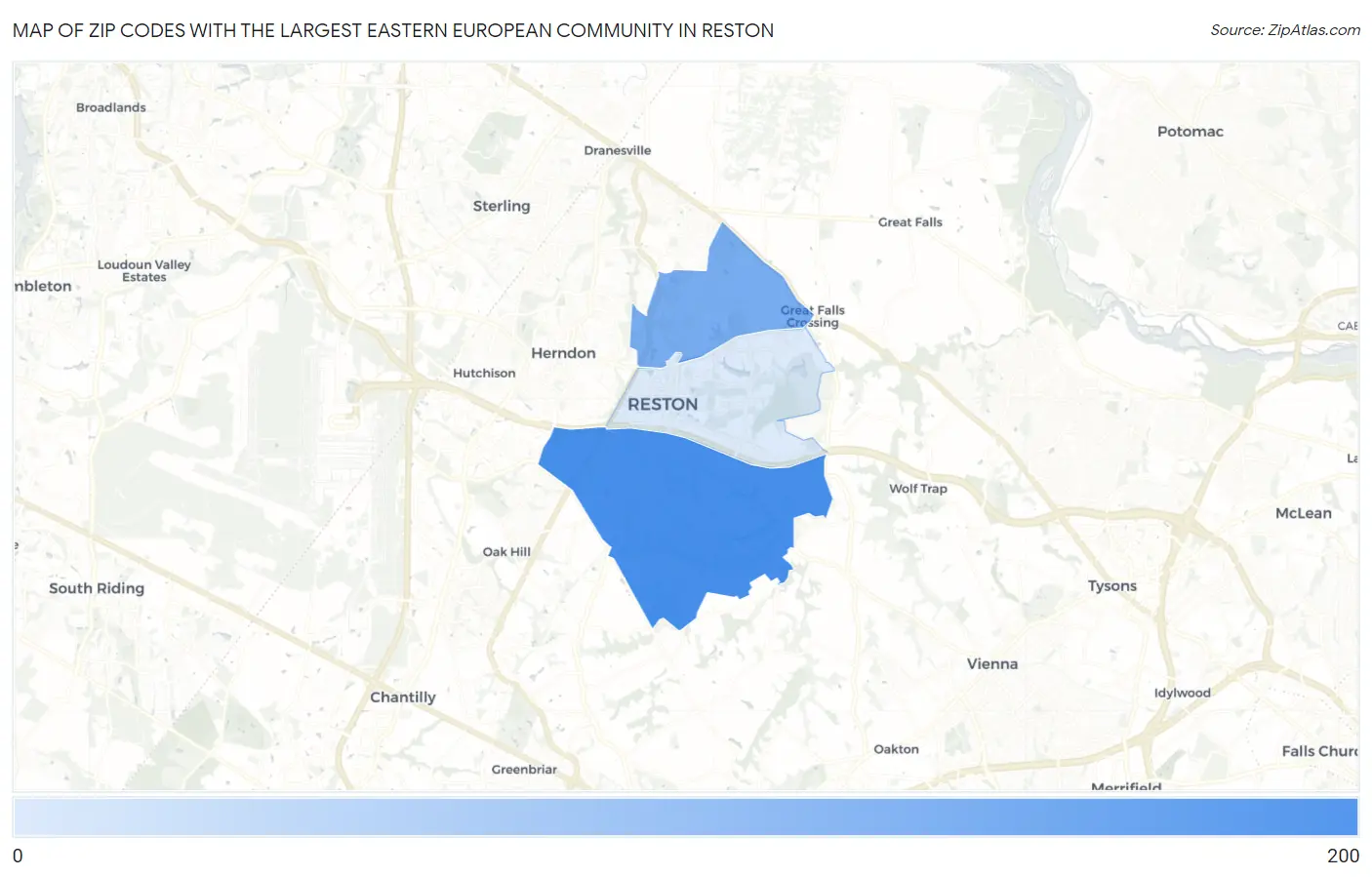 Zip Codes with the Largest Eastern European Community in Reston Map