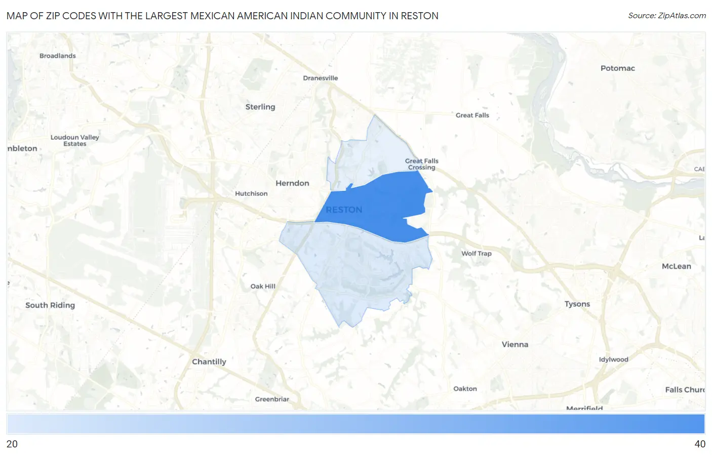 Zip Codes with the Largest Mexican American Indian Community in Reston Map