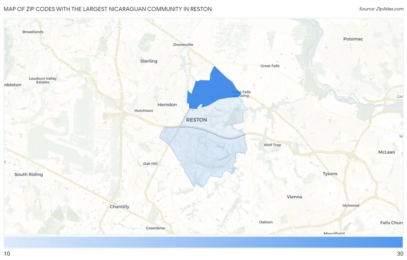 Zip Codes with the Largest Nicaraguan Community in Reston Map