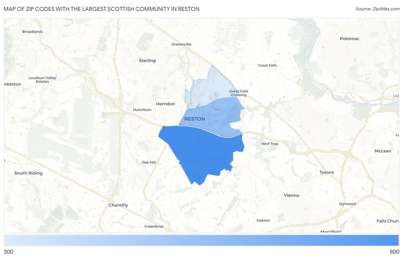 Zip Codes with the Largest Scottish Community in Reston Map