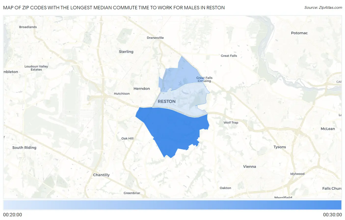Zip Codes with the Longest Median Commute Time to Work for Males in Reston Map
