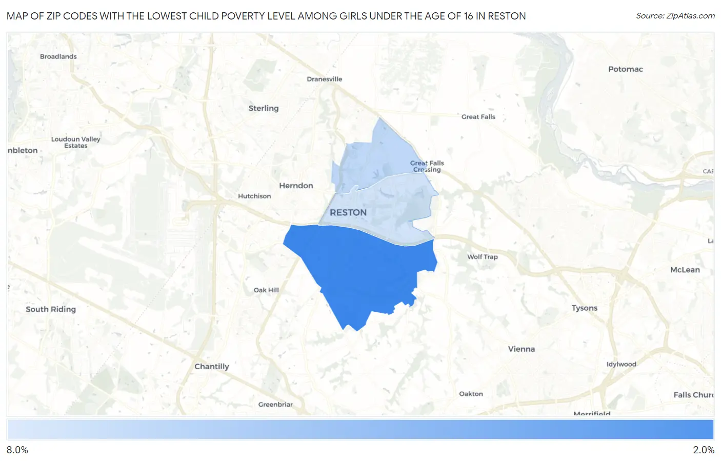 Zip Codes with the Lowest Child Poverty Level Among Girls Under the Age of 16 in Reston Map