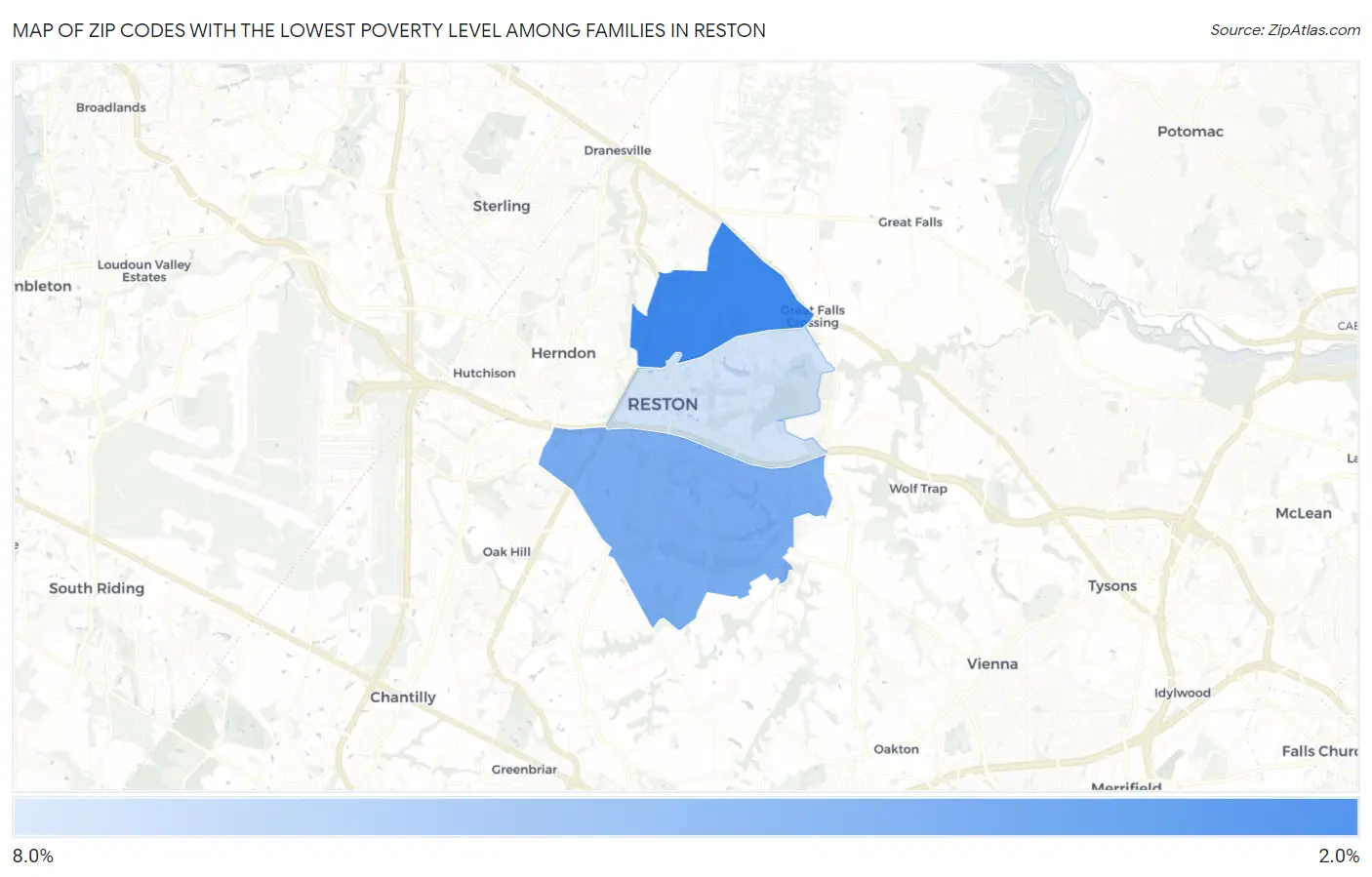 Zip Codes with the Lowest Poverty Level Among Families in Reston Map