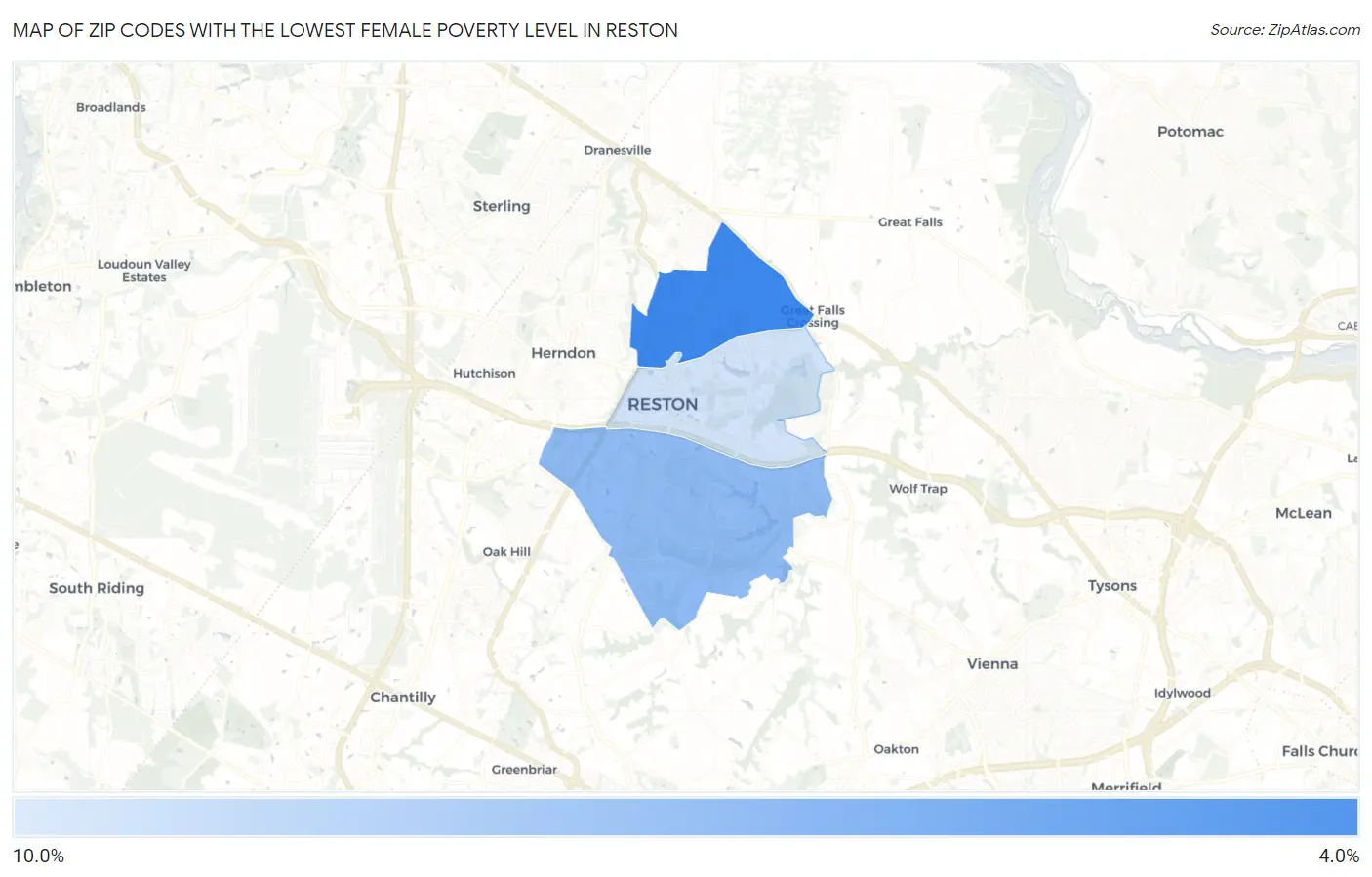 Zip Codes with the Lowest Female Poverty Level in Reston Map