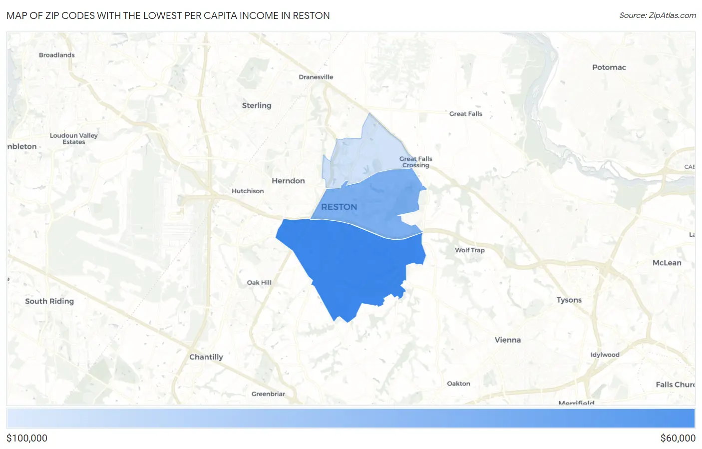 Zip Codes with the Lowest Per Capita Income in Reston Map