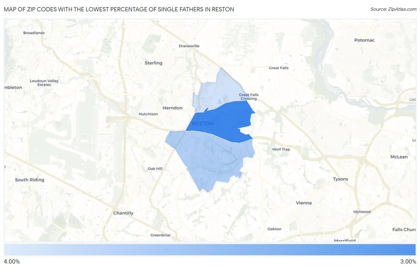 Zip Codes with the Lowest Percentage of Single Fathers in Reston Map