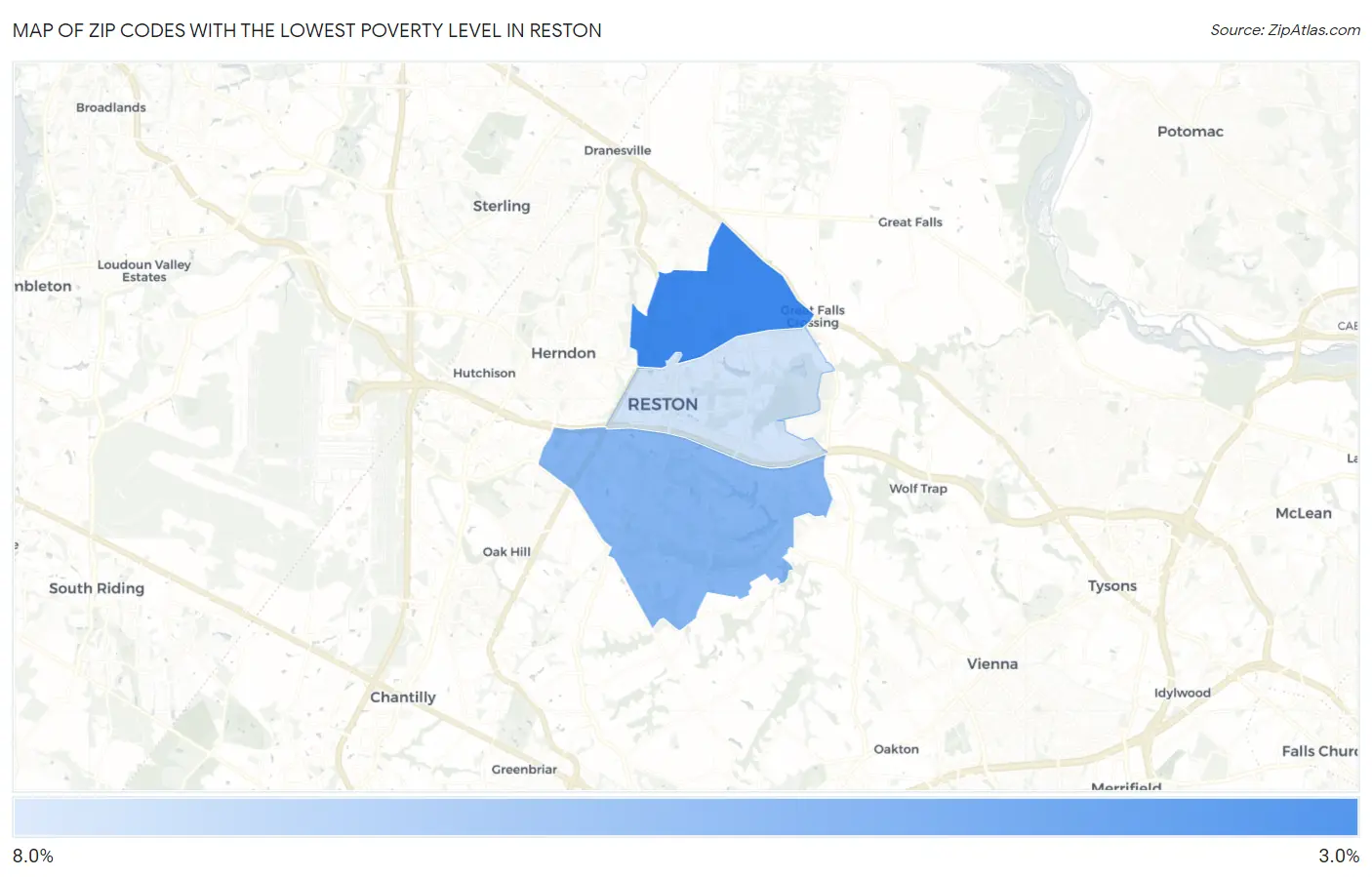 Zip Codes with the Lowest Poverty Level in Reston Map