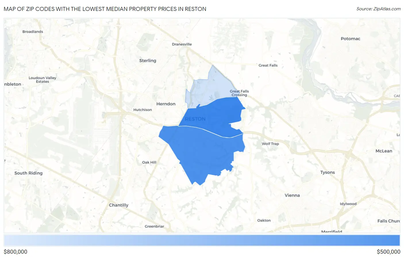 Zip Codes with the Lowest Median Property Prices in Reston Map