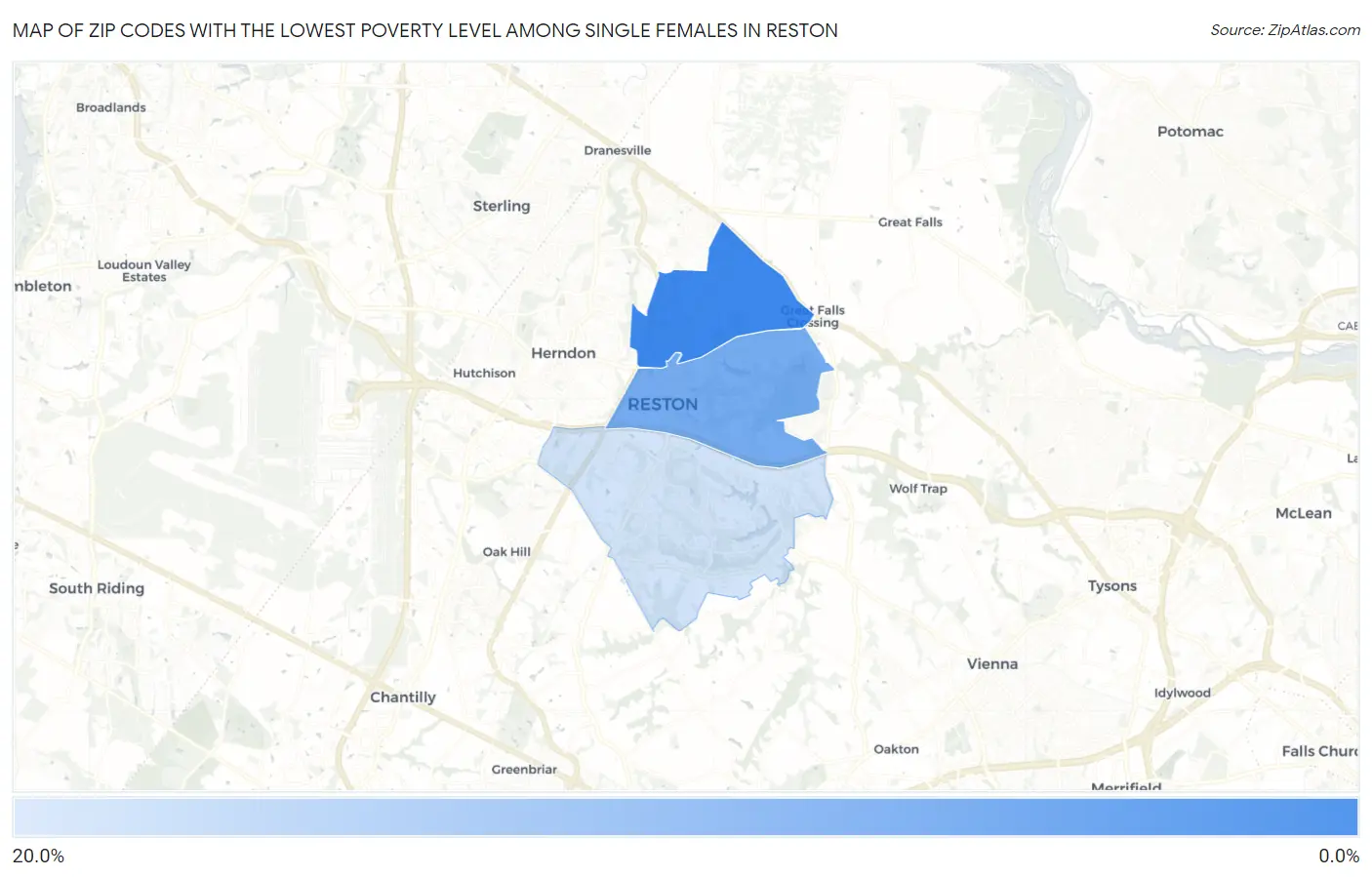 Zip Codes with the Lowest Poverty Level Among Single Females in Reston Map