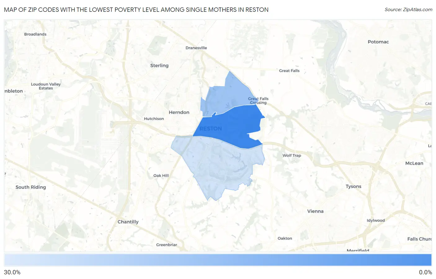 Zip Codes with the Lowest Poverty Level Among Single Mothers in Reston Map