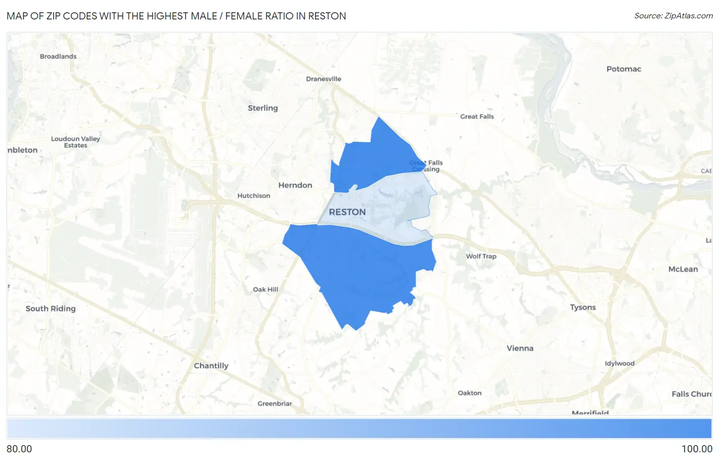 Zip Codes with the Highest Male / Female Ratio in Reston Map