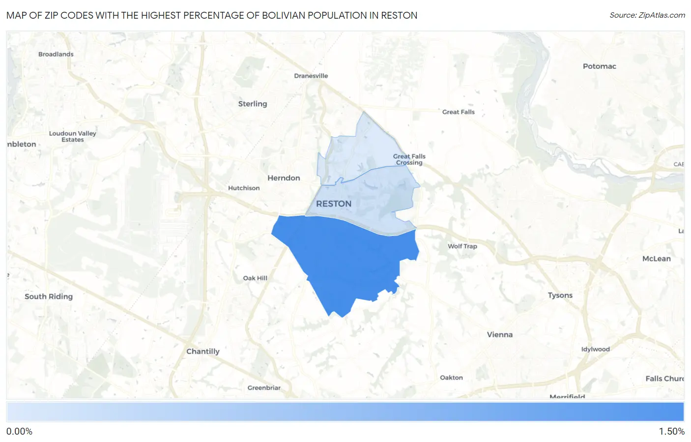 Zip Codes with the Highest Percentage of Bolivian Population in Reston Map