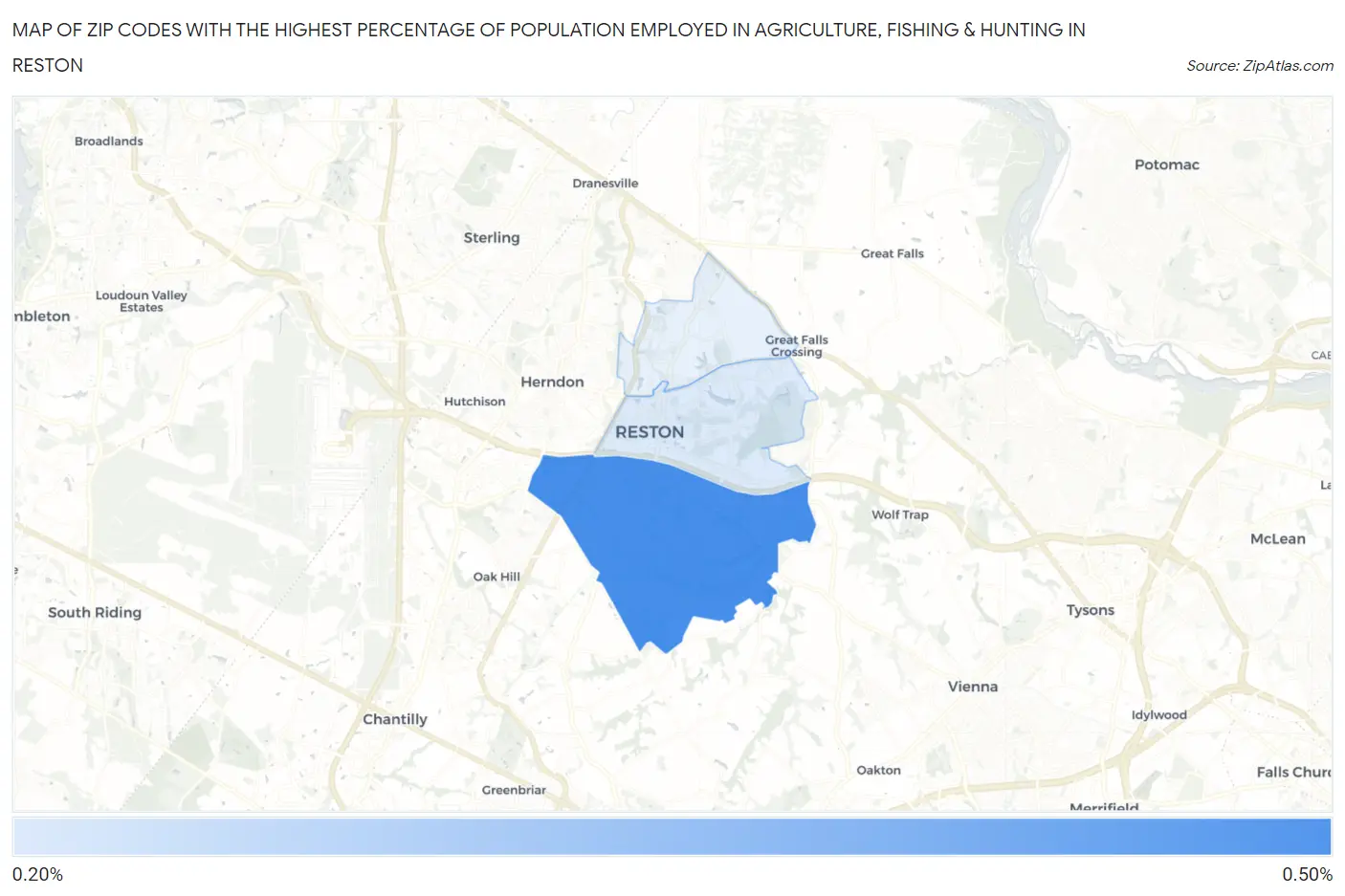 Zip Codes with the Highest Percentage of Population Employed in Agriculture, Fishing & Hunting in Reston Map