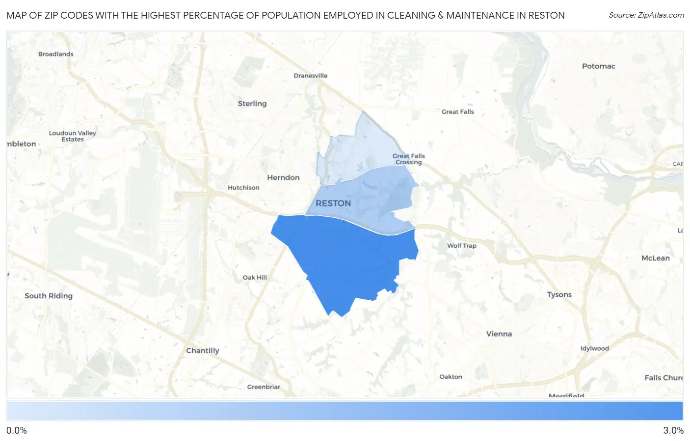 Zip Codes with the Highest Percentage of Population Employed in Cleaning & Maintenance in Reston Map