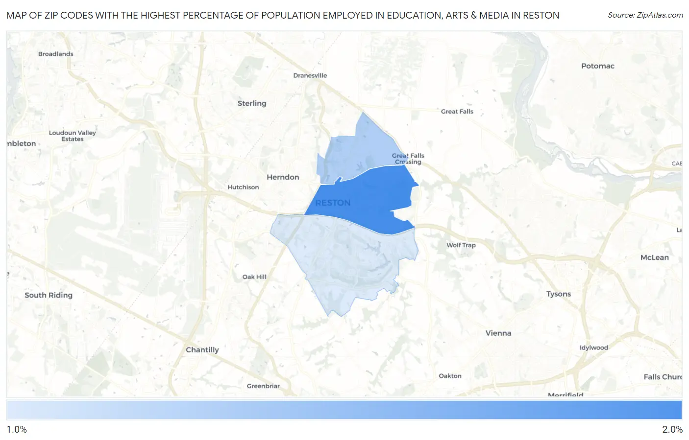 Zip Codes with the Highest Percentage of Population Employed in Education, Arts & Media in Reston Map