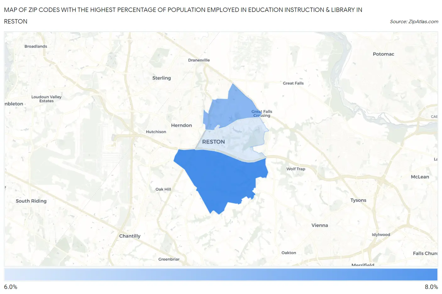 Zip Codes with the Highest Percentage of Population Employed in Education Instruction & Library in Reston Map